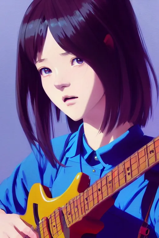 Image similar to a cute girl wearing school uniform playing electric guitar | | really good looking face!!, realistic shaded perfect face, fine details, anime, realistic shaded lighting poster by ilya kuvshinov katsuhiro otomo ghost - in - the - shell, magali villeneuve, artgerm, jeremy lipkin and michael garmash and rob reyt