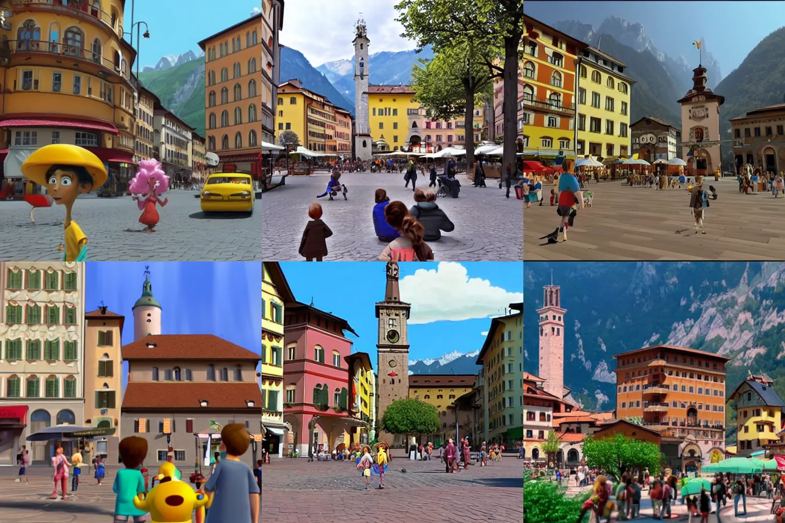 Prompt: Screenshot from the Pixar animated movie in Waltherplatz in Bolzano/Bozen