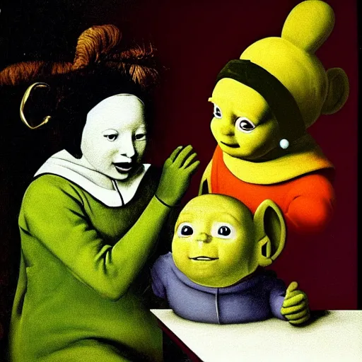 Prompt: painting of the teletubbies with the pearl earring, in the style of johannes vermeer