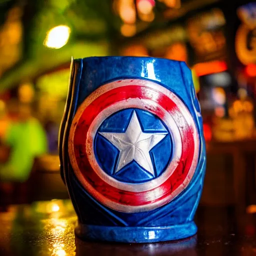 Prompt: a closeup photorealistic photograph of a glossy captain america style tiki mug sitting at an outdoor trader vic's bar featuring captain america's face. tiki theme. bright scene. fine detail. this 4 k hd image is trending on artstation, featured on behance, well - rendered, extra crisp, features intricate detail, epic composition and the style of unreal engine.