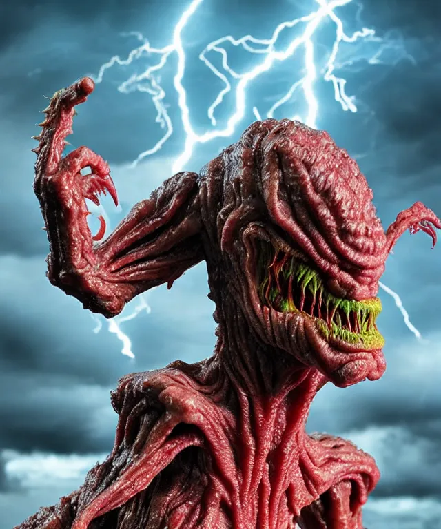 Image similar to hyperrealistic rendering, epic boss battle, cronenberg flesh monster overlord, by art of skinner and richard corben, product photography, collectible action figure, sofubi, hottoys, storm clouds, outside, lightning