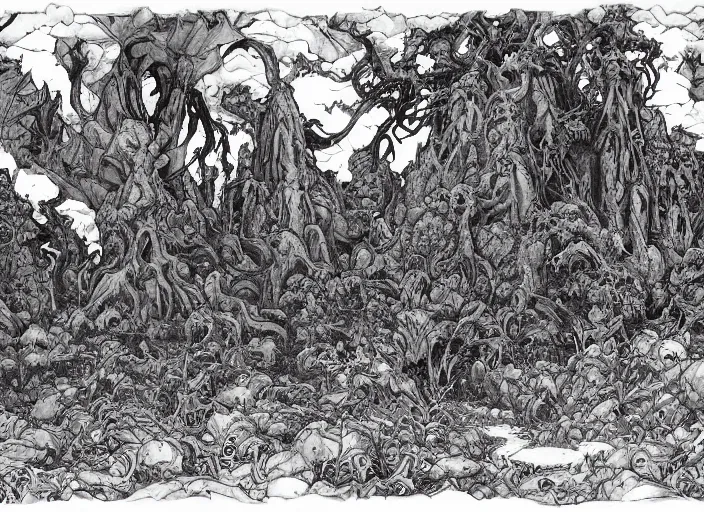 Prompt: a landscape of a forest at hell by takeshi obata and mike mignola, hell, dragons, red and black colors, colors, abandoned buildings, forest with trees with faces, small demons, shadows screaming, night sky, highly detailed, cgsociety, artstation, pencil and ink, very detailed