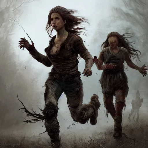 Prompt: epic portrait Two survivors running away from a zombie chase, apocalypic backround, atmospheric, digital painting, artstation, concept art, soft light, hdri, smooth, sharp focus, illustration, fantasy, intricate, elegant, highly detailed, D&D, matte painting, in the style of Greg Rutkowski and Alphonse Mucha and artemisia, 8k, highly detailed, jurgens, rutkowski, bouguereau, pastoral, rustic, georgic