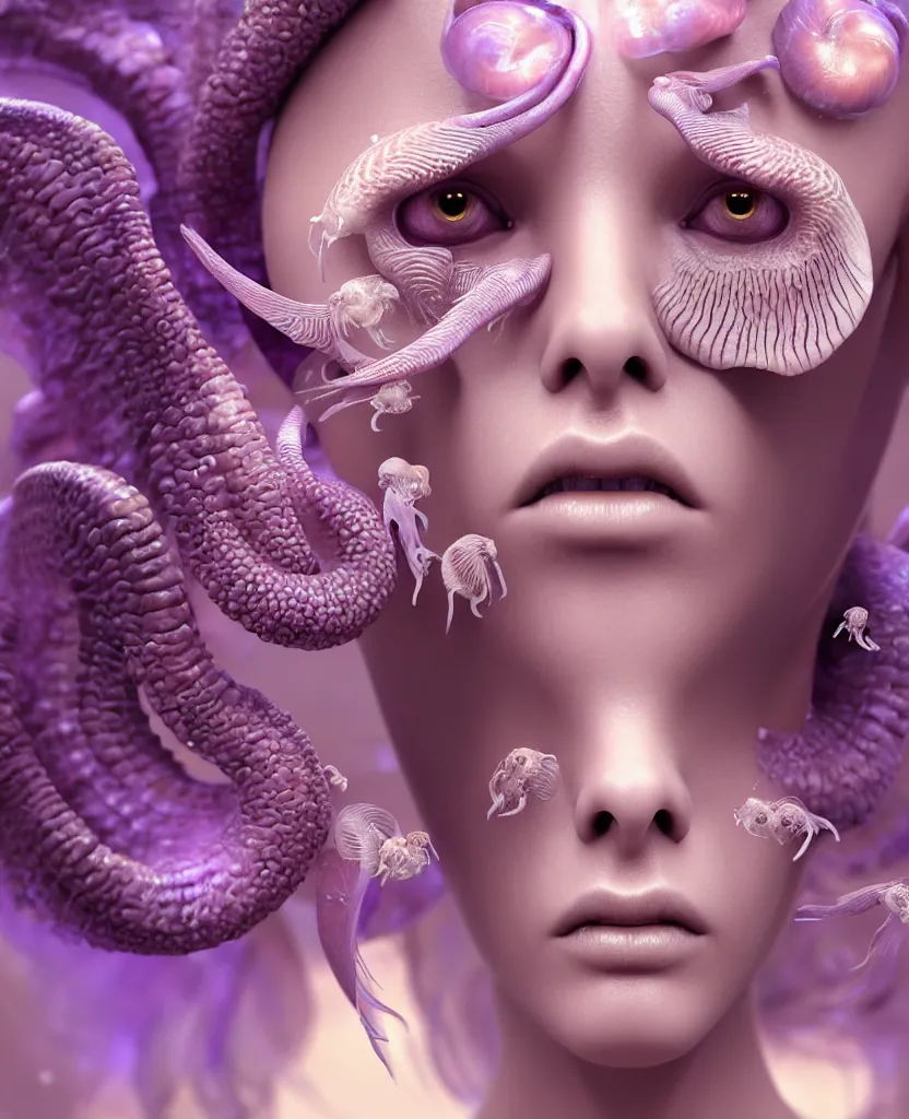 Image similar to goddess princess beautiful face close-up portrait ram skull zbrush sculpt. jellyfish phoenix head, nautilus, orchid, skull, betta fish, bioluminiscent creatures, intricate artwork by Tooth Wu and wlop and beeple. octane render, trending on artstation, greg rutkowski very coherent symmetrical artwork. cinematic, hyper realism, high detail, octane render, 8k