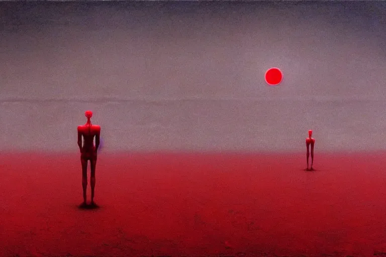 Image similar to only with red, a red god of death eat apple, a futuristic city on mars in background, an ancient path, pathos, in the style of beksinski, part by hopper, part by rodcenko, part by hofbauer, intricate composition, red by caravaggio, insanely quality, highly detailed, masterpiece, red light, artstation