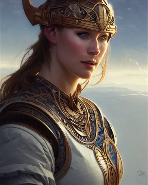 Image similar to portrait of viking, spacesuit, blue eyes, real life skin, intricate, elegant, highly detailed, artstation, concept art, smooth, sharp focus, art by artgerm and greg rutkowski and alphonse mucha