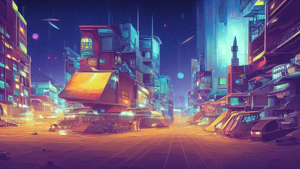 Image similar to the busy city street looking towards the spaceport at night by cyril rolando and naomi okubo and dan mumford