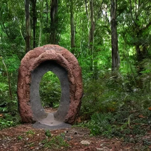 Prompt: mysterious stone portal in australian woodland,, leading to unknown destination. camera phone picture. ultra realistic.