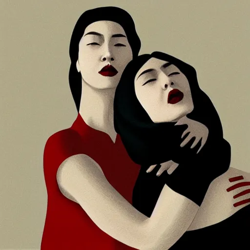 Prompt: A woman embraces another woman with her arm around her neck, she is Korean, the other a European girl, both have white skin and red lips, wearing black veils, Edward Hopper and James Gilleard style