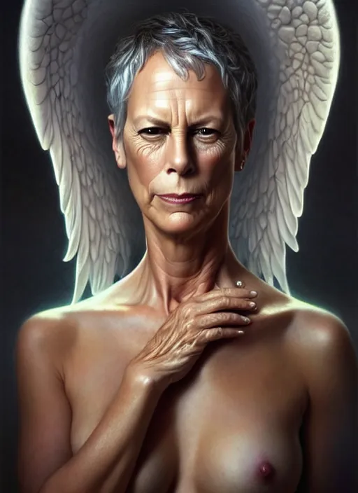 Image similar to jamie lee curtis an angel, aesthetic, fine art, intricate, elegant, highly detailed, realistic hair, centered, digital painting, art station, conceptual art, soft, sharp focus, illustration, artwork, artgerm, tomasz alen kopera, peter mohrbacher, donato giancola, wlop, boris vallejo