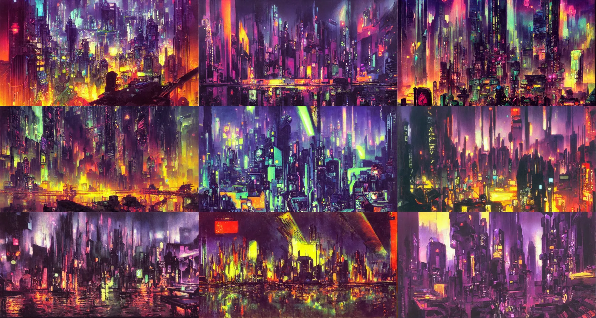 Prompt: cyberpunk cityscape by matisse, rembrandt, paul lehr