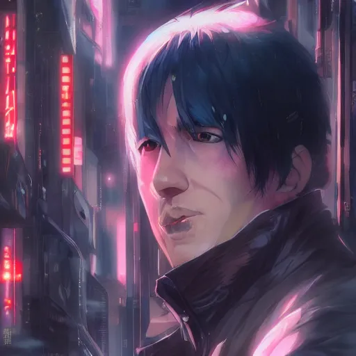 Image similar to An anime portrait of Trent Reznor in a cyberpunk setting, by Stanley Artgerm Lau, WLOP, Rossdraws, James Jean, Andrei Riabovitchev, Marc Simonetti, and Sakimichan, tranding on artstation