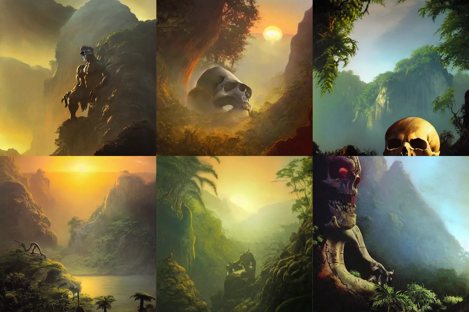 Prompt: hyperrealistic frazetta painting ,oversized giant skull front as a cave , foggy jungle ,sunset backlight