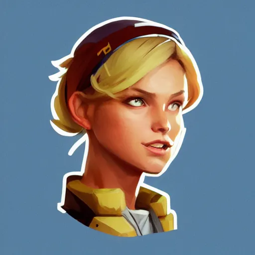 Image similar to greg manchess portrait sticker of a beautiful teen girl with blonde hair, wearing a blue hoodie, as an overwatch character, medium shot, asymmetrical, swedish, sticker, profile picture, organic painting, matte painting, bold shapes, hard edges, street art, trending on artstation, by huang guangjian and gil elvgren and sachin teng