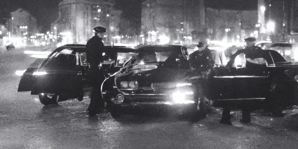 Image similar to film still of a car waiting in the night with two cops in it