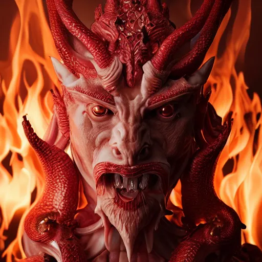 Image similar to a closeup portrait photo, alabaster and ruby real delicate ceramic porcelain sculpture of an ornate detailed humanoid dragon demon devil god in front of an intricate background by rafael, micro detail, backlit lighting, subsurface scattering, translucent, thin porcelain, fire, flames, amber, octane renderer, colorful, physically based rendering, trending on cgsociety