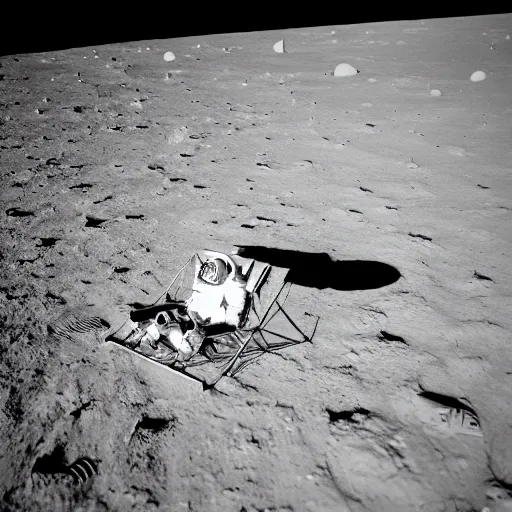 Prompt: professional photo of an astronaut sitting in a beach chair on the moon, holds on to an iphone, smartphones and laptops scattered around the ground, golden ratio, earth rise, technology on the moon