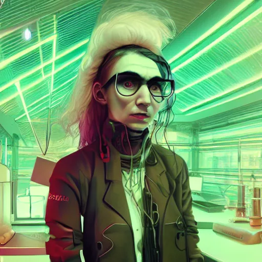 Prompt: [ grimes as a scientist ]! working in a [ futuristic laboratory ]!, digital art!, trending on [ cgsociety ]!, cinematic still, neon! colors, bioluminescent lighting!, award winning, zbrush!, bottom view!