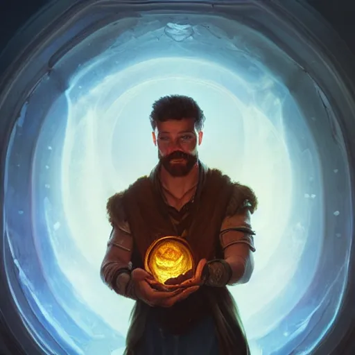 Image similar to man holding he's soul in a jar portrait, backlight, rim lighting, deep focus, d & d, fantasy, intricate, elegant, highly detailed, digital painting, artstation, concept art, matte, centered, sharp focus, illustration, hearthstone, art by artgerm, greg rutkowski and alphonse mucha