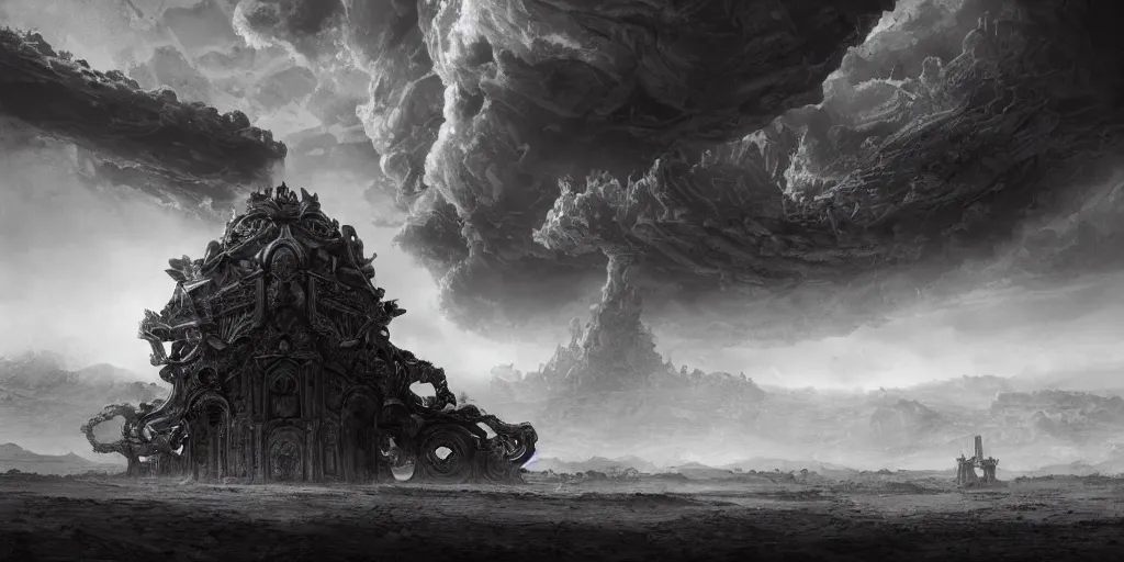 Image similar to a large ominous and geometric very ornate and detailed spaceship, lots of shapes intertwined very large and long floating over a barren dry land with an epic cloud formation on the background by lebbeus Woods, gustave doré, zhuoxin ye, James Paick,very detailed, octane render, 8k, scary and brooding, scary and dark, canon 24mm lens