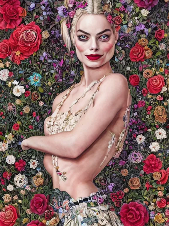 Prompt: a 60mm portrait of margot robbie harley quinn between embellished pattern and huge flower bushes,by Ekaterina Belinskaya,tom bagshaw,Cedric Peyravernay,Bella Kotak,marie spartali Stillman,Marianne North,William Morris,GUCCI,trending on pinterest,dark fantasy,maximalist,glittering,feminine