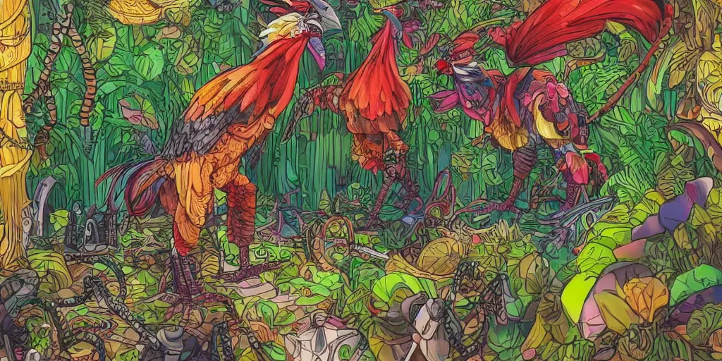 Image similar to colorful illustration of a fully armoured mechanical rooster in a dense jungle, steampunk, mix of styles, detailed