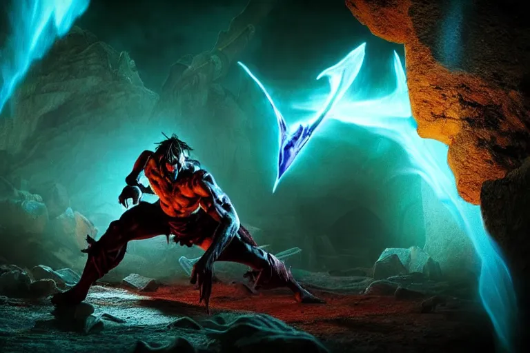 Image similar to vfx film closeup, soul reaver executing enemies, devouring magic souls, in epic ancient sacred cave temple, flat color profile low - key lighting award winning photography arri alexa cinematography, hyper real photorealistic cinematic beautiful, atmospheric cool colorgrade