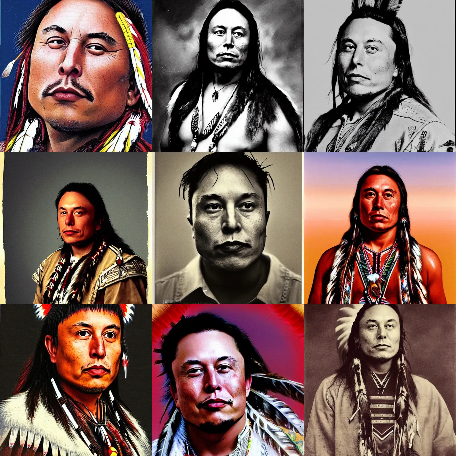 Prompt: photo of native american indian man elon musk, portrait, skilled warrior of the apache, ancient, realistic, detailed, elon musk