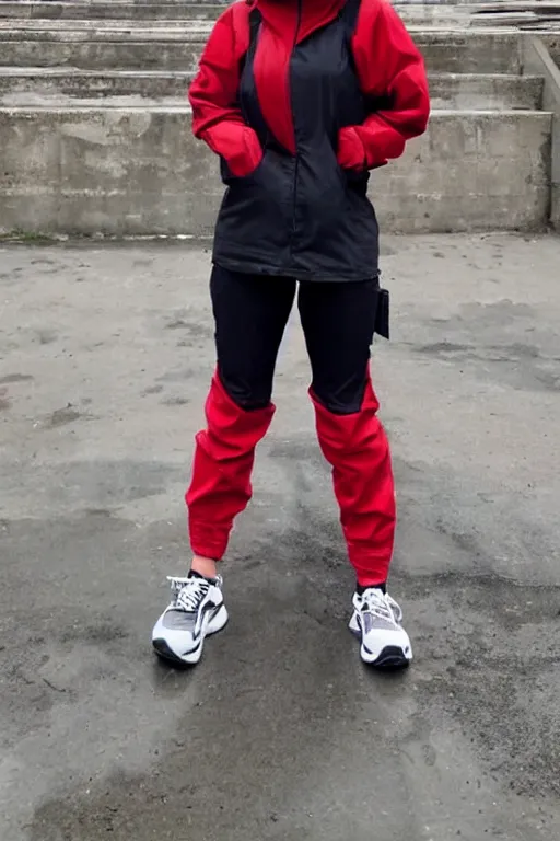 Image similar to beautiful red haired british woman in techwear, techwear look and clothes, Nike ACG, ACRNYM, Errolson Hugh, Y3, trending on r/streetwear, outfit photo, we see them from head to toe