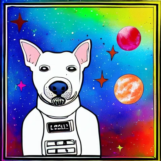 Image similar to A bull terrier in a spacesuit floating in space, colorful drawing