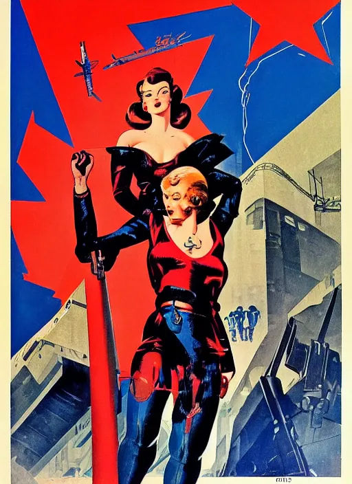 Image similar to soviet propaganda poster. cyberpunk hitwoman. portrait by jean giraud and anton otto fischer and john philip falter and will eisner and gil elvgren