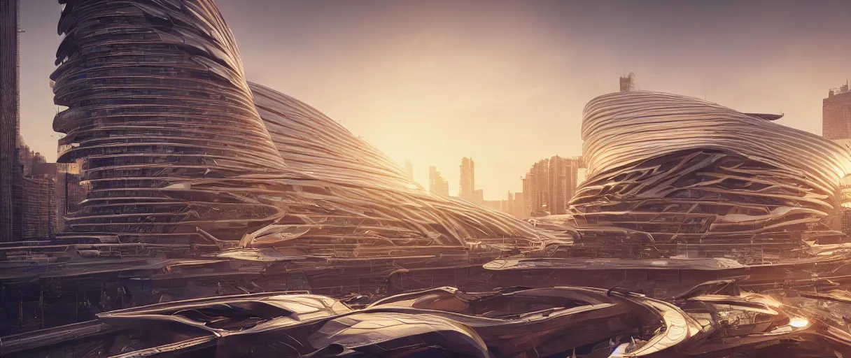 Image similar to modern beautiful Saha Hadid building, hypermaximalistic, high details, cinematic, 8k resolution, beautifully detailed, insanely intricate details, artstation trending, octane render, unreal engine, bright lit interiors, warm yellow lights, golden hour, city background in silhouette,