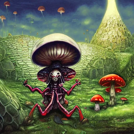 Image similar to 4 k headshot portrait of a psychedelic demonic anthropomorphic insect knight with mushroom themed clothes, magic mushroom village in background by jeff easley, award winning, stylized neon, post - processing, masterpiece, superb resolution. in the art style of junji ito and greg rutkowski. detailed mushroom city in background. hyper realistic anime. perfect art. dalle 2