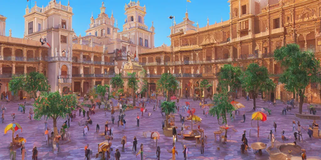 Image similar to ultra detailed and realistic painting of la plaza nueva ( seville ) inspired by very beautiful cute and colored disney movie backgrounds, rendered in 8 k unreal engine