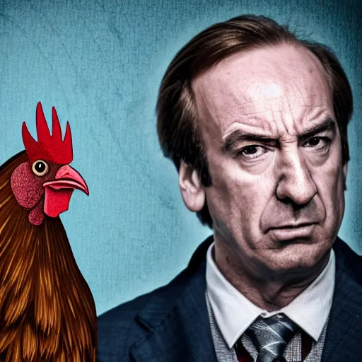 Prompt: saul goodman and a rooster in a medieval torture chamber, scary torture devices in the background, horror movie, saul goodman, rooster, real life photo, detailed face