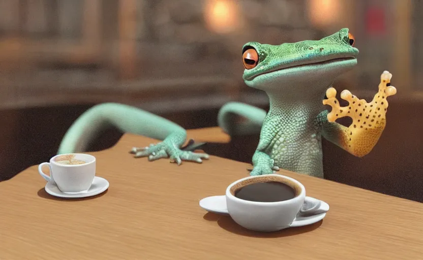 Image similar to a cute gecko with headphones in a cafe sitting in front of a table with a coffee, digital painting, masterpiece, digital art, concept art, octane render, unreal engine 5, trending on deviantart, highly detailed, high quality, 8 k, cartoon, high coherence, realistic, anatomically correct, five fingers, relaxing, realistic and detailed face, beautiful, elegant