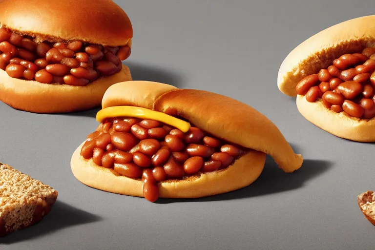 Image similar to mcdonalds baked beans between two sesame seed buns, commercial photograph