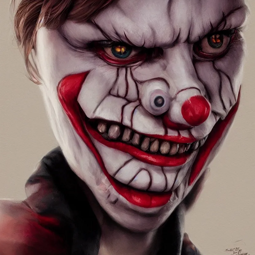 Prompt: hyperrealistic Charlene Gallego as a killer clown from outer space, trending on artstation, portrait, sharp focus, illustration, art by artgerm and greg rutkowski and magali villeneuve