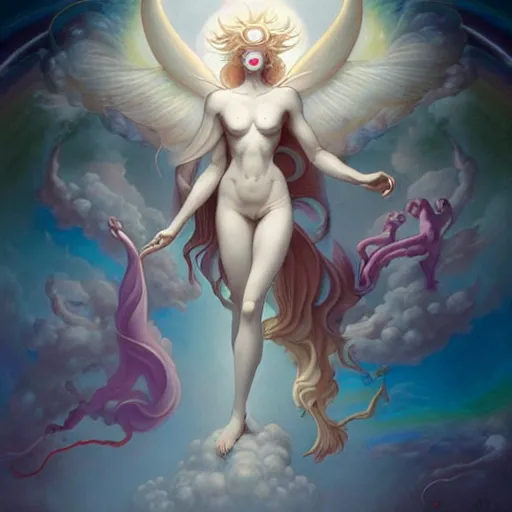 Image similar to psychedelic angelic celestial being artwork of peter mohrbacher, by henry fuseli, ayahuasca, energy body, sacred geometry, esoteric art, rainbow colors, realist, abstract and surreal art styles with anime and cartoon influences divinity