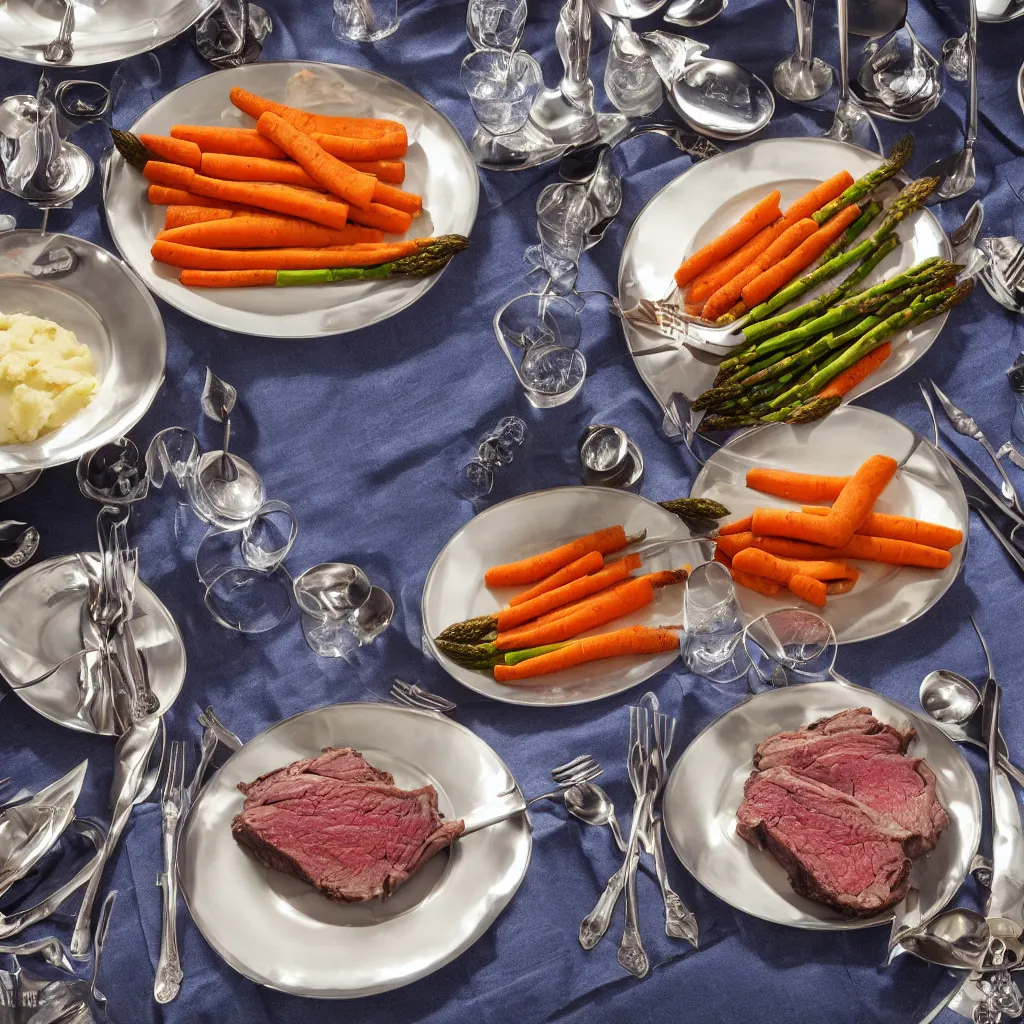 Image similar to product shot of a five - star dinner with prime rib, asparagus, mashed potatoes and gravy, and steamed carrots with blue table cloth and lit candles in ornate silver candlesticks, ultra - realistic, photo realism, professional photograph, extreme detail, deep focus, laser sharp, volumetric lighting, atmospheric, five - star, luxury, elite