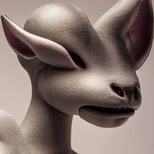 Image similar to realistic portrait of mewtwo, 1 0 0 mm, studio lighting