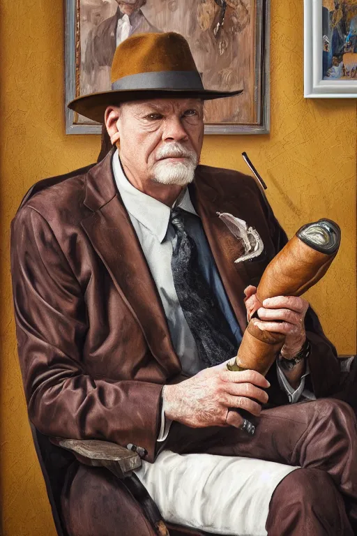 Prompt: still from tv show, retired barney, sitting in a lounge, sipping whiskey and smoking a cigar, oil on canvas, intricate, portrait, 8 k highly professionally detailed, hdr, cgsociety