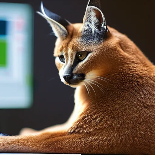 Image similar to cute caracal cat watching a laptop, realistic