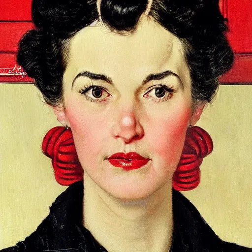 Image similar to Frontal portrait of a woman with porcelain skin, black hair and a red coat. Painting by Norman Rockwell.