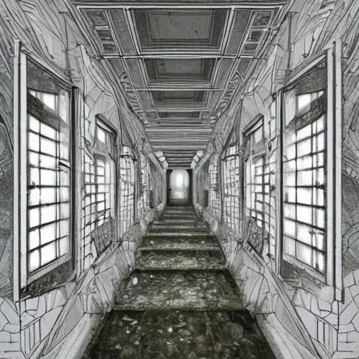 Prompt: a bright white hallway with many doors and stairs full of fungus and mushrooms and rot, Mc Escher architecture, epic composition, decay, by makoto shinkai