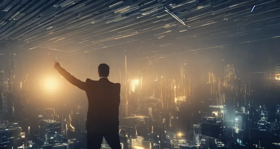 Image similar to Dramatic photo of a CEO waving to a large group of his coworkers in a futuristic office. Golden coins are levitating all around them. 8k, high detail, trending on Artstation, volumetric lighting, cyberpunk