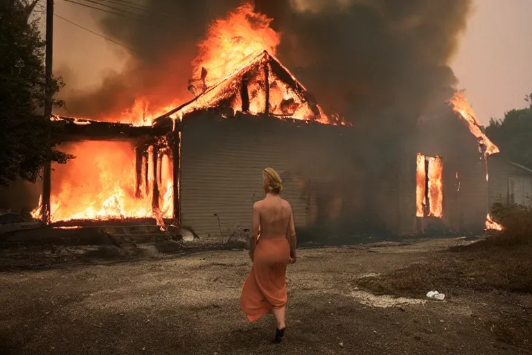 Image similar to Gregory Crewdson full color Photography, A woman walks calmly while her house is on fire