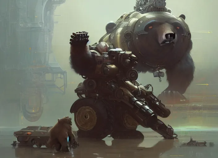 Prompt: a bear with a giant proton cannon in the back, elegant, technology, highly detailed, digital painting, artstation, concept art, smooth, sharp focus, illustration, art by krenz cushart and artem demura and alphonse mucha