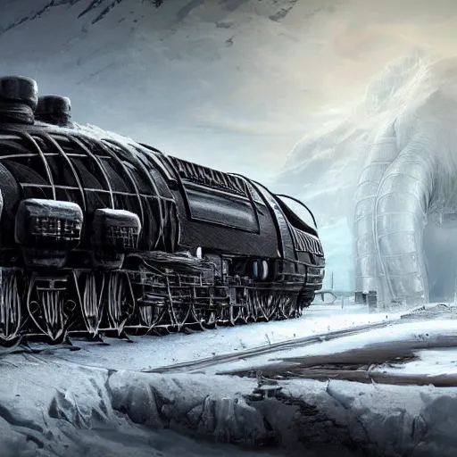 Image similar to an intricate futuristic black steam train and a giant mammoth, post - apocalyptic ice landscape with heavy snow, concept art, artstation, highly detailed, digital art