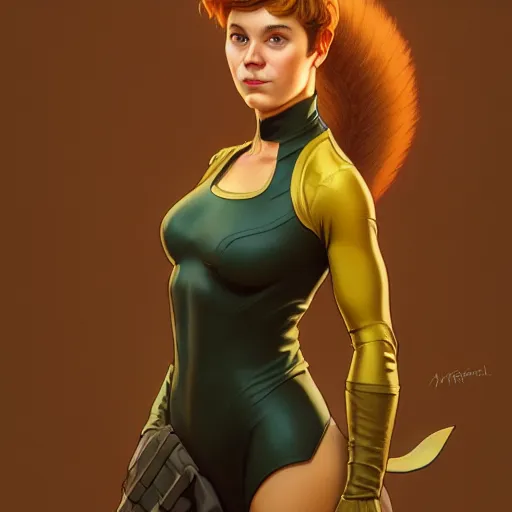 Prompt: Full-Body Portrait of Squirrel Girl, Marvel, fantasy, left-leaning squirrel tail, symmetrical face, blush, intricate, cute, elegant, highly detailed, nature, yellow mist, digital painting, artstation, concept art, matte, sharp focus, illustration, art by Artgerm and Greg Rutkowski and Alphonse Mucha